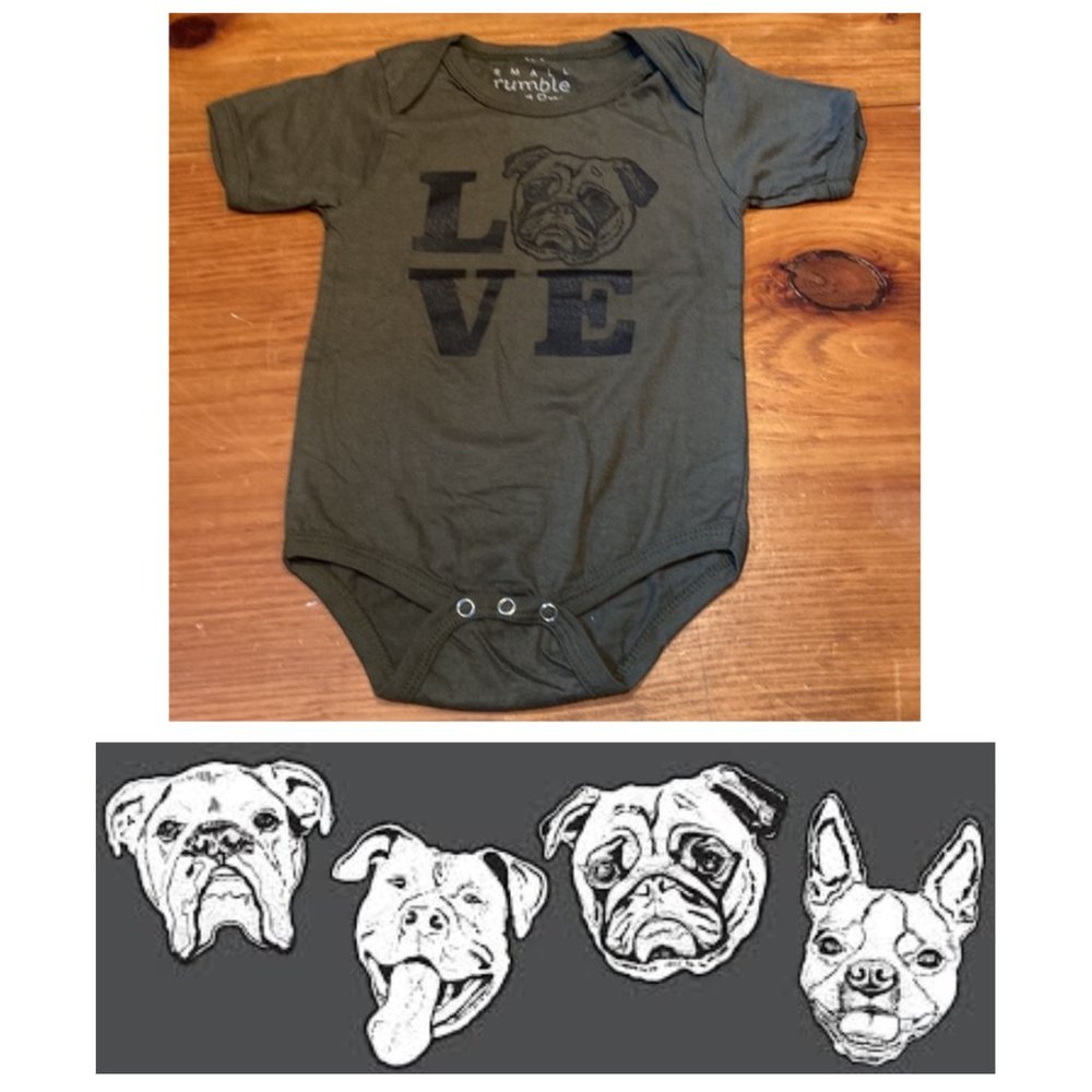 NWOT! SMALL RUMBLE 12-18M Pug Screen Printed Body Suit SS Unisex